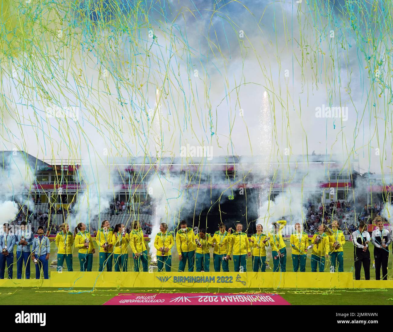 Australia's players celebrate winning the Gold at Edgbaston Stadium on day ten of 2022 Commonwealth Games in Birmingham. Picture date: Sunday August 7, 2022. Stock Photo