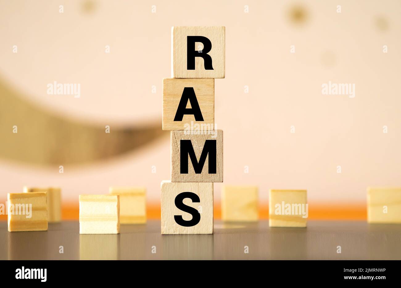 Random Access Memory or RAM word on wooden cubes with technology background. Letters on the wooden cubes. Stock Photo
