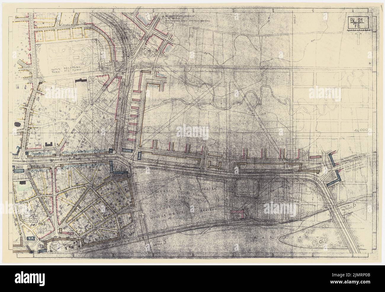 Jansen Hermann (1869-1945), Planning for Plowdiw (09.02.1944): General development plan, site plan A (7E) 1: 2000. Colored pencil over a break on paper, 66.3 x 96.1 cm (including scan edges) Jansen Hermann  (1869-1945): Planung für Plowdiw Stock Photo