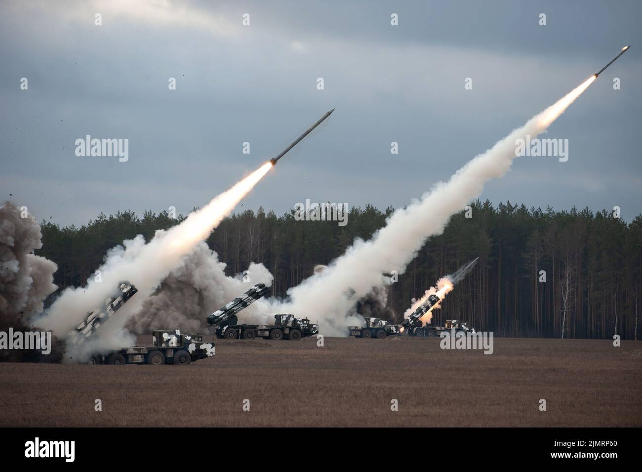 Launch of military missiles (rocket artillery) at the firing field ...