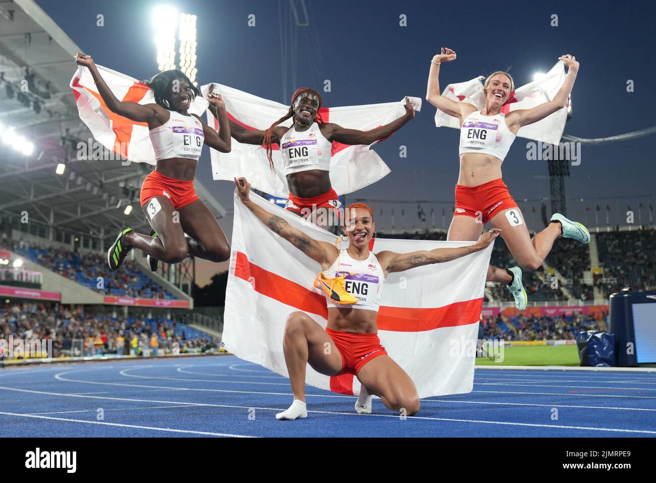 England celebrate their victory in the Women’s 4 x 400m Relay Final at Alexander Stadium on day ten of the 2022 Commonwealth Games in Birmingham. Picture date: Sunday August 7, 2022. Stock Photo