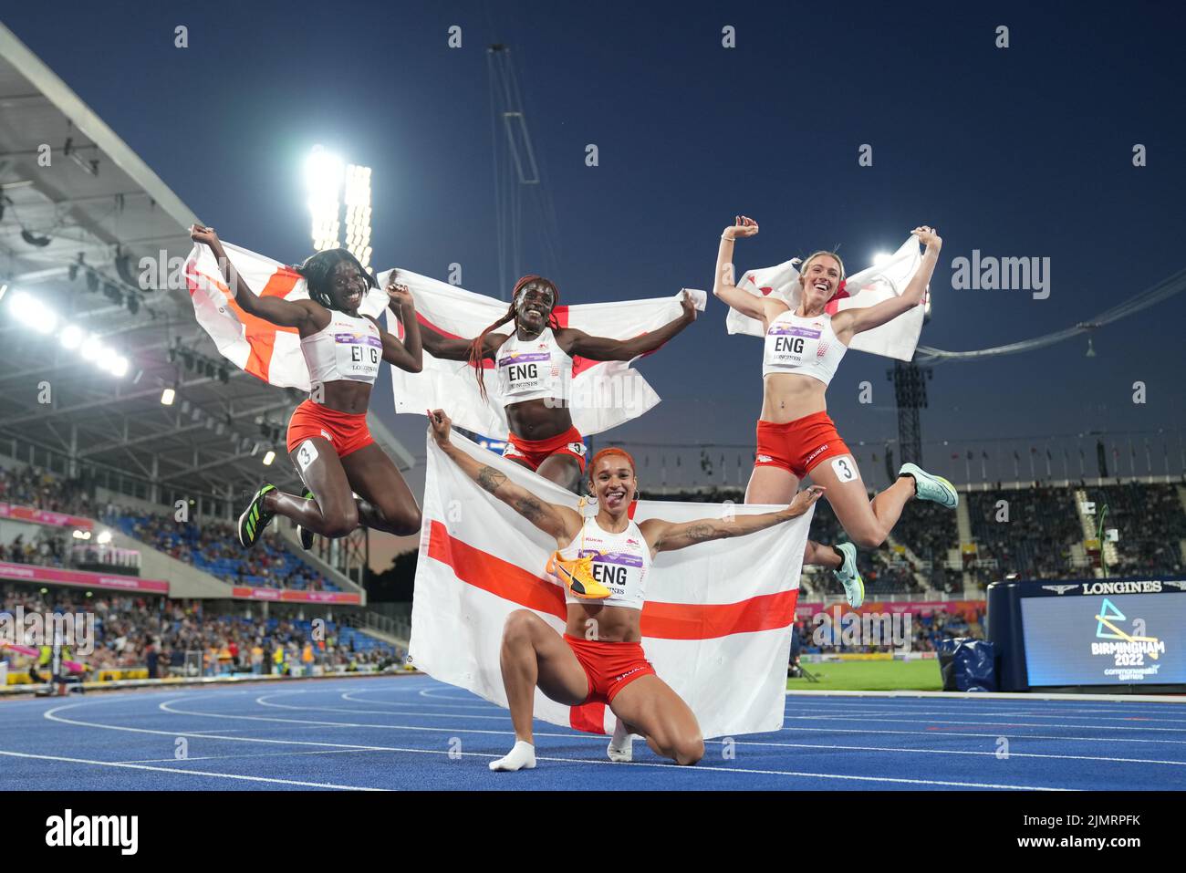England celebrate their victory in the Women’s 4 x 400m Relay Final at Alexander Stadium on day ten of the 2022 Commonwealth Games in Birmingham. Picture date: Sunday August 7, 2022. Stock Photo