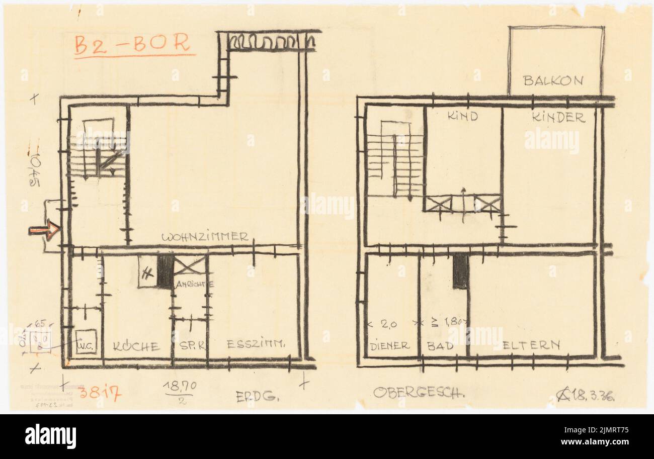 Jansen Hermann (1869-1945), total development plan Ankara. Ankara Cooperifi. House types (March 18, 1936): Type B2, BOR, semi -detached house 5 rooms, floor plan ground floor and upper floor 1:50. Pencil, coal on transparent, 31.8 x 50.2 cm (including scan edges) Jansen Hermann  (1869-1945): Gesamtbebauungsplan Ankara. Ankara Kooperatifi. Haustypen Stock Photo