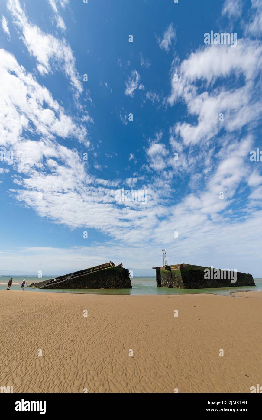 D-Day section of Mulberry Harbour, or Harbor, grounded in the Thames Estuary near Southend on Sea, Essex. Second World War historic relic on sandbank Stock Photo