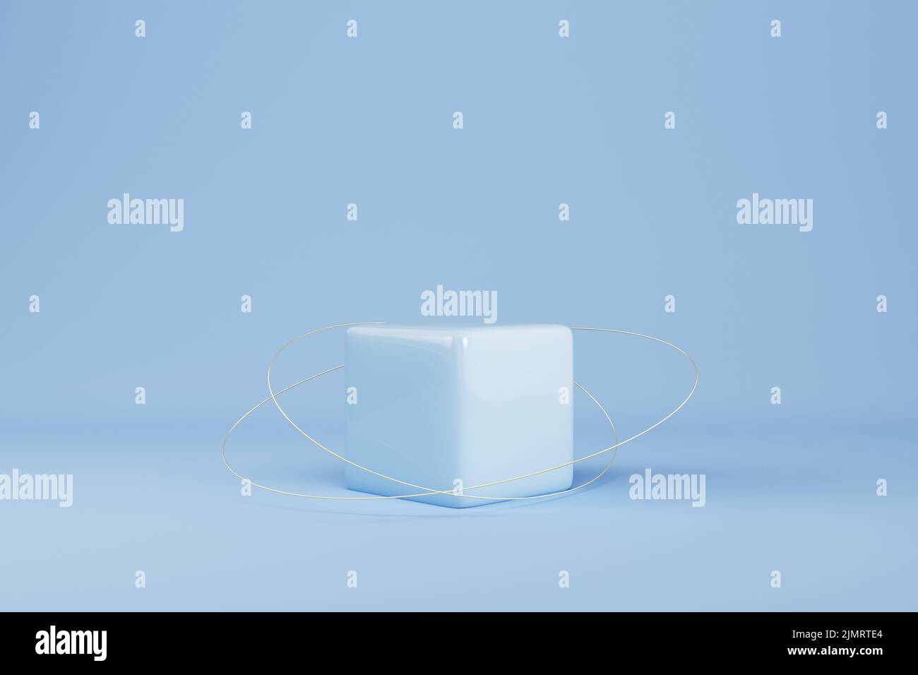 Blue box platform with flying geometric shape on pastel color ...