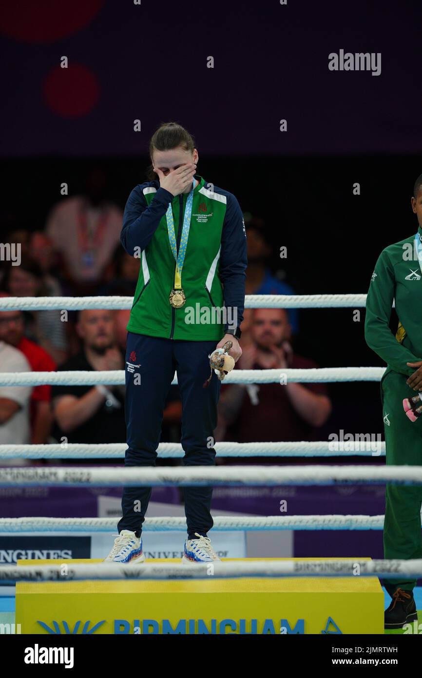 Northern Ireland's Michaela Walsh reacts after receiving her gold medal for the Women's Over (54-57kg) Featherweight Final at The NEC on day ten of the 2022 Commonwealth Games in Birmingham. Picture date: Sunday August 7, 2022. Stock Photo