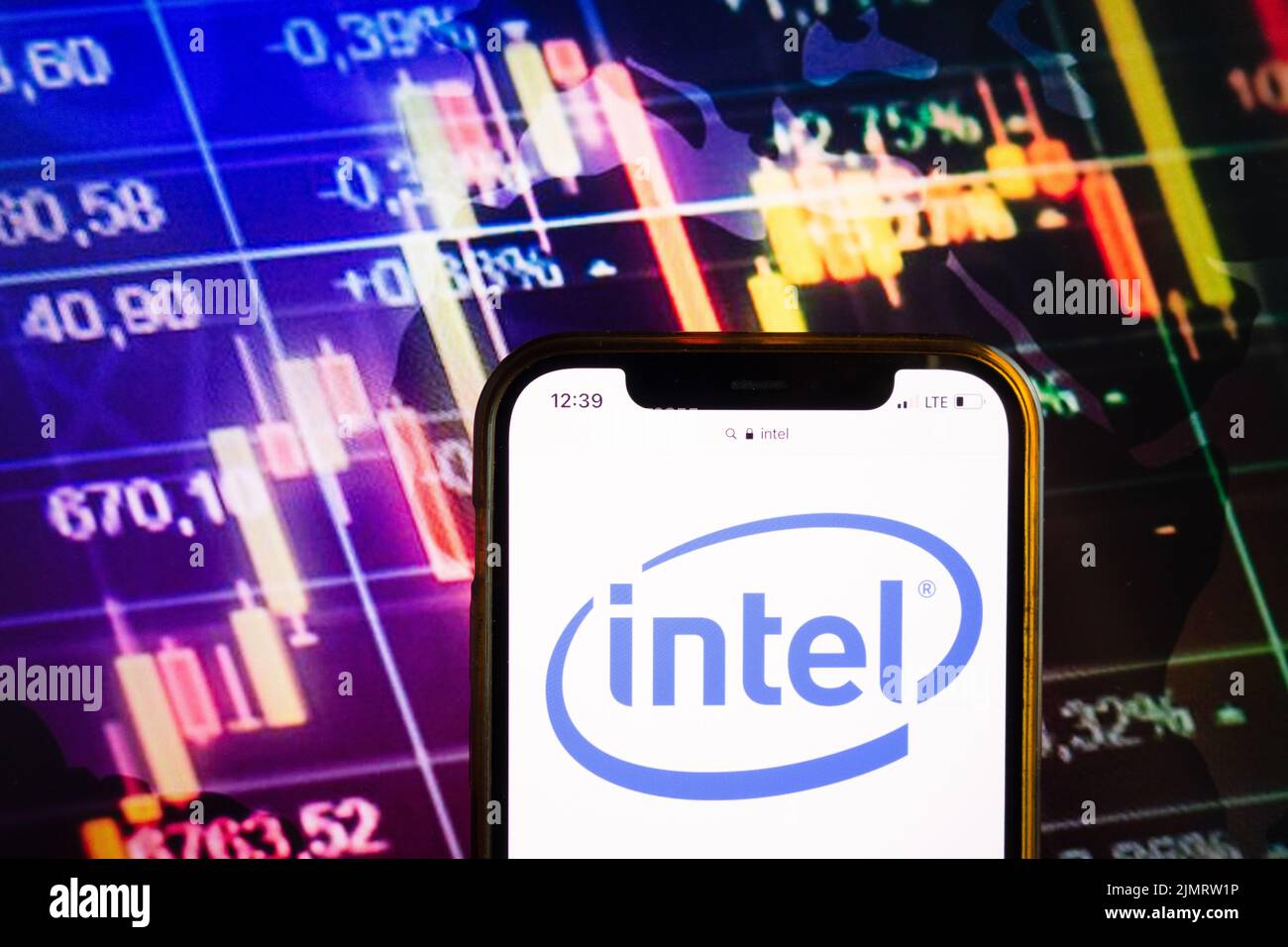 KONSKIE, POLAND August 07, 2022 Smartphone displaying logo of Intel
