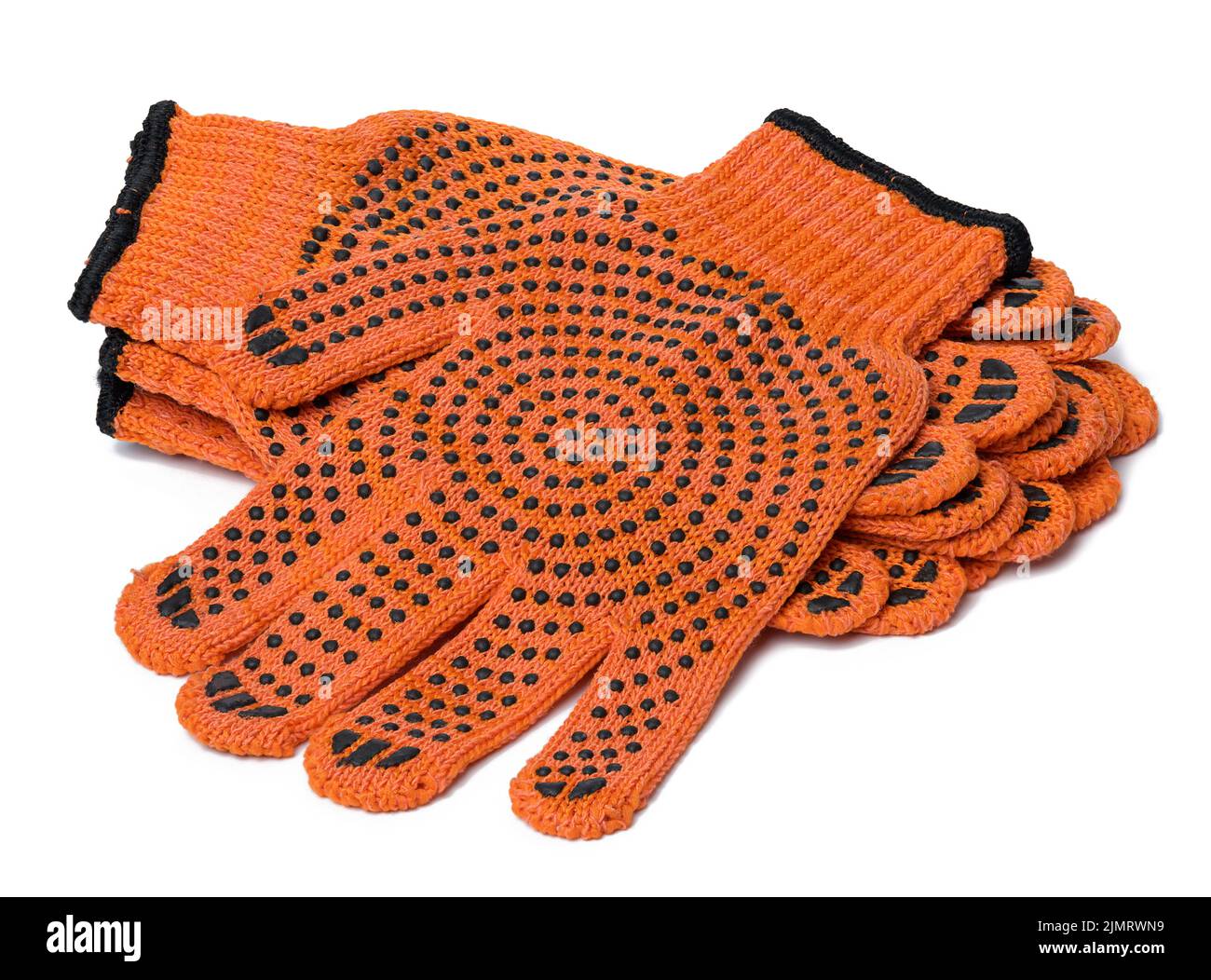 Textile orange work gloves on a white background. Protective clothing Stock Photo