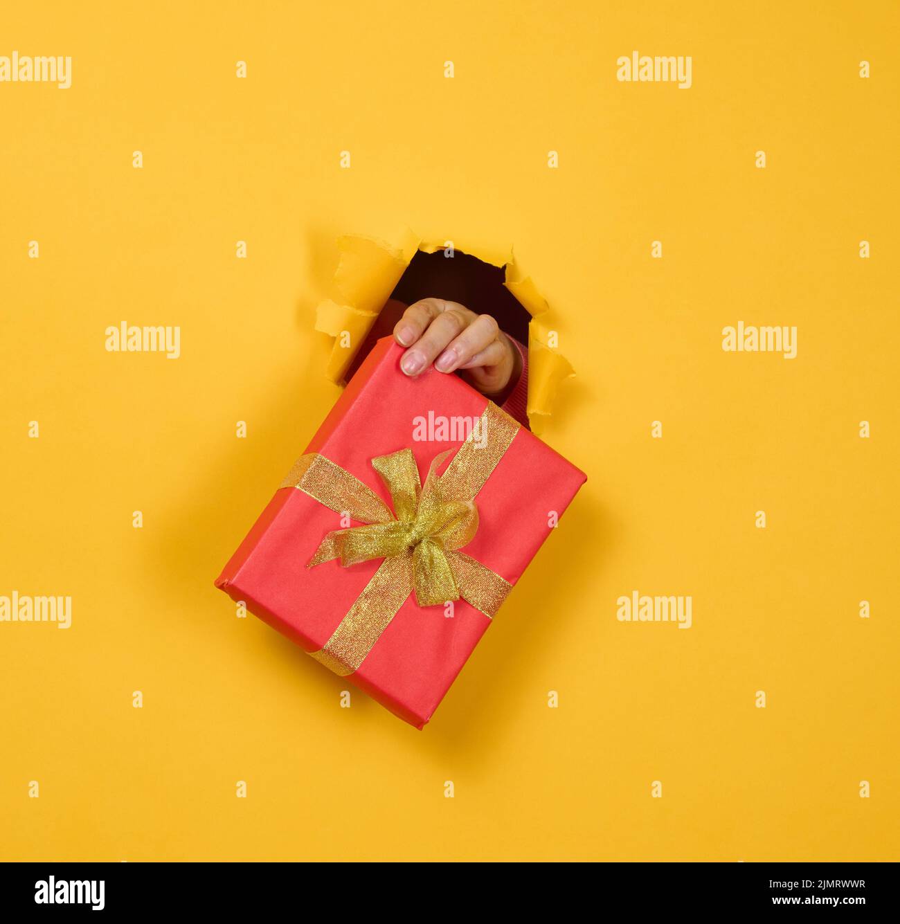 Female hand holds a box with a gift on a yellow background, part of the body sticks out of a torn hole in a paper background. Co Stock Photo