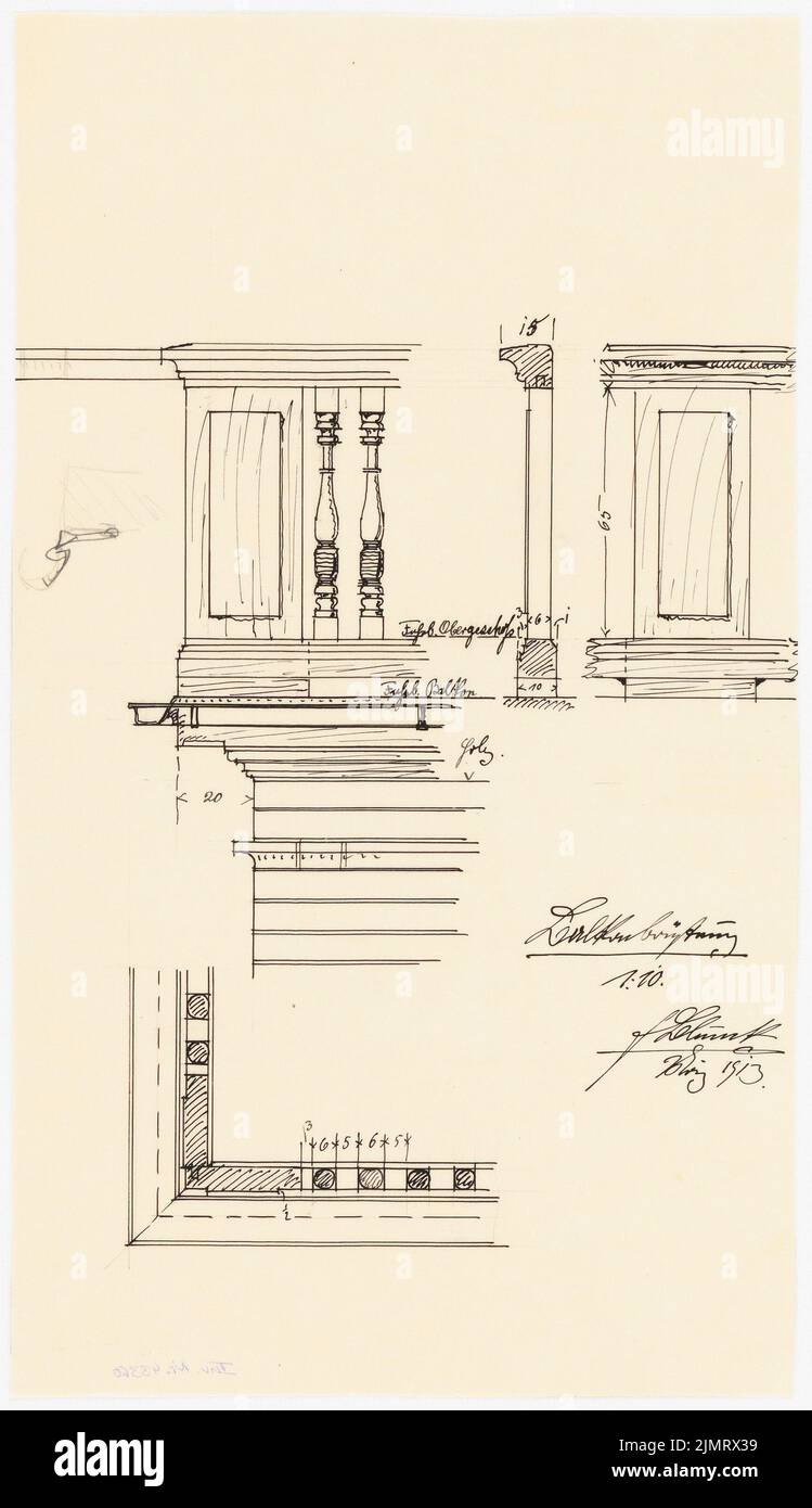 Blunck Erich (1872-1950), single-family house with garden in Berlin. (?) (03.1913): Details 1:10: Balcony parapet in floor plan, views from the outside and inside and vertical cut. Ink on transparent, 36.5 x 21.1 cm (including scan edges) Blunck Erich  (1872-1950): Einfamilienhaus mit Garten, Berlin (?) Stock Photo