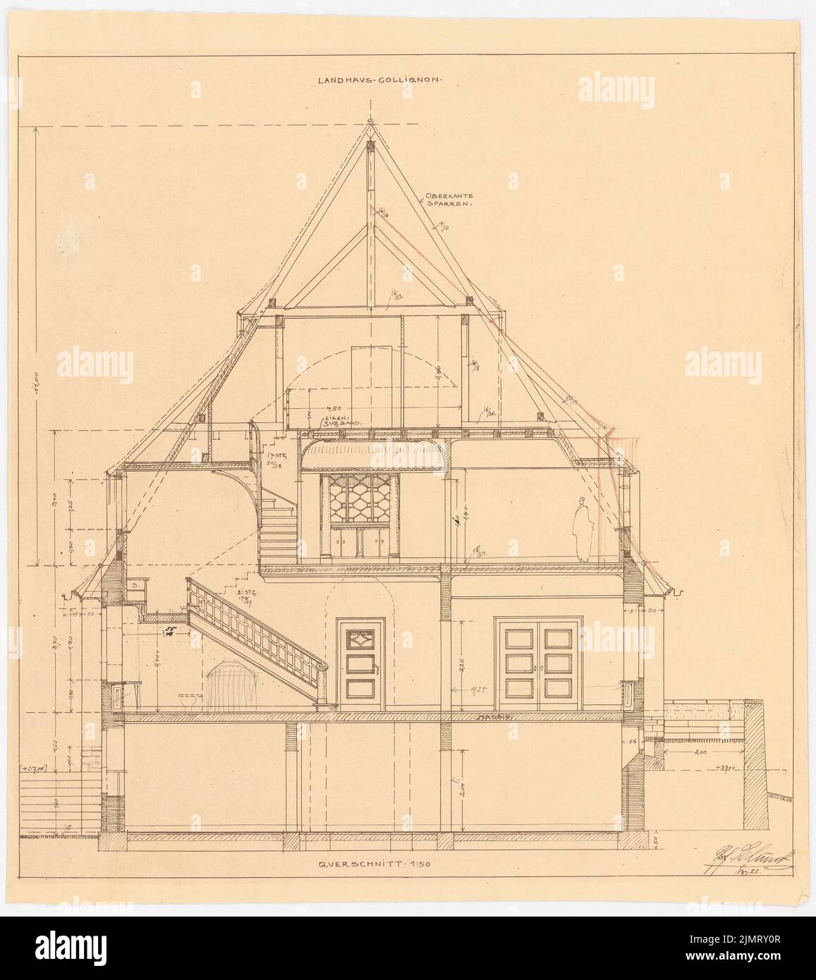 Blunck Erich (1872-1950), Haus Collignon (Doctors' House at the Heckeshorn Hospital) in Berlin-Wannsee (12.1922): cross-section 1:50. Pencil, colored pencil over light break on paper, 45.5 x 40.6 cm (including scan edges) Blunck Erich  (1872-1950): Haus Collignon (Ärztewohnhaus am Krankenhaus Heckeshorn), Berlin-Wannsee Stock Photo