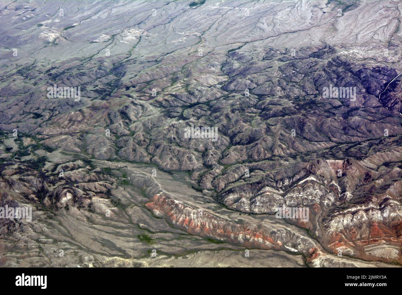 Aerial view of the Bennett Mountains in the semi-arid high desert of Carbon County, southern Wyoming, United States. Stock Photo