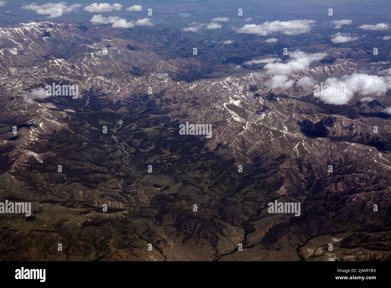 Aerial view of the Shoshone National Forest and the Absaroka Mountains, a sub-range of the Rocky Mountains, in northwest Wyoming, United States. Stock Photo