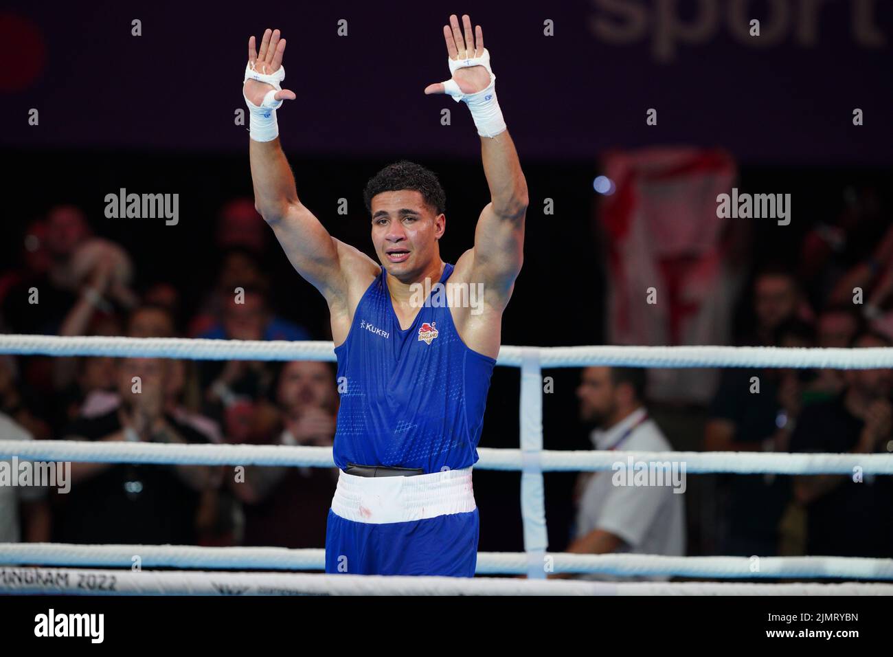 England's Delicious Orie celebrates after winning the Men's Super Heavy (+92kg) Final against India's Sagar Sagar at The NEC on day ten of the 2022 Commonwealth Games in Birmingham. Picture date: Sunday August 7, 2022. Stock Photo