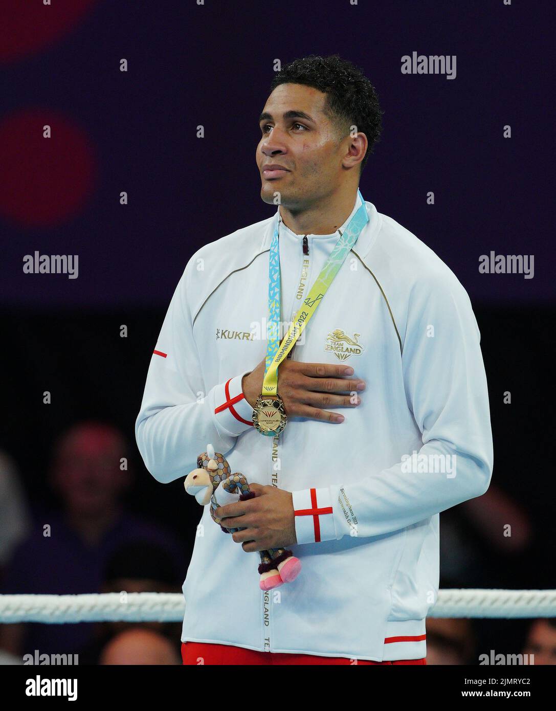England's Delicious Orie celebrates with his gold medal after winning the Men's Super Heavy (+92kg) Final against India's Sagar Sagar at The NEC on day ten of the 2022 Commonwealth Games in Birmingham. Picture date: Sunday August 7, 2022. Stock Photo