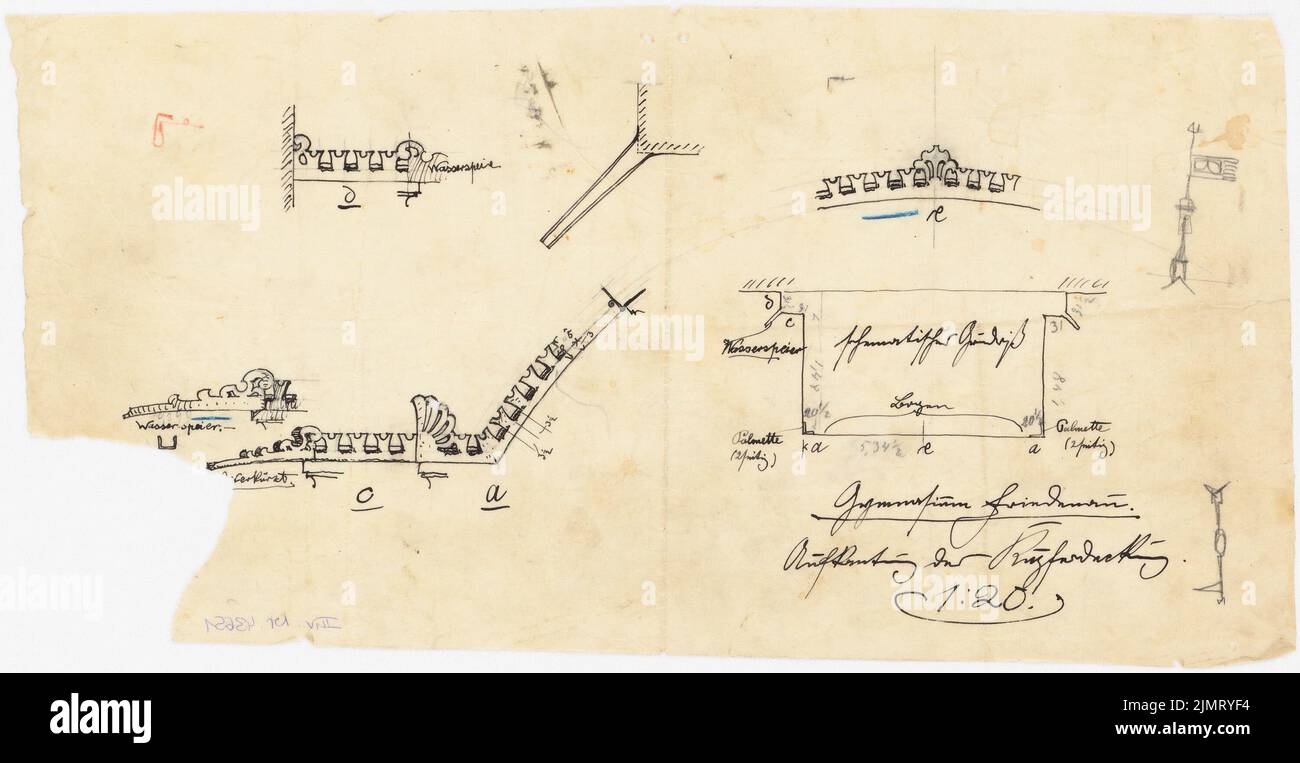 Blunck Erich (1872-1950), high school in Berlin-Friedenau. Preservation of monuments - building admission (without date): Detail 1:20: copper decoration of the roof. Ink, pencil and colored pencil on transparent, 18.2 x 35.2 cm (including scan edges) Blunck Erich  (1872-1950): Gymnasium, Berlin-Friedenau. Denkmalpflege - Bauaufnahme Stock Photo