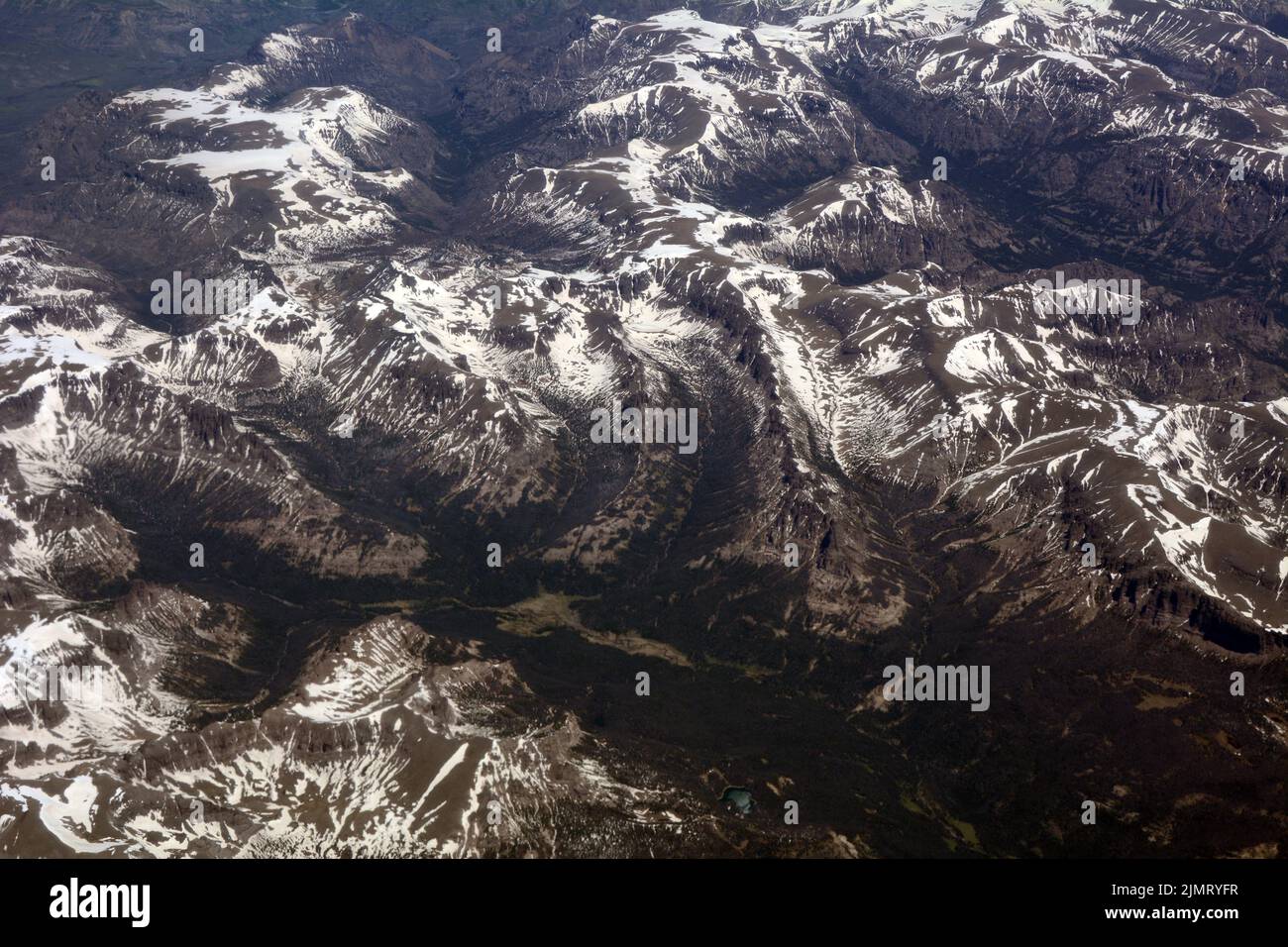 Aerial view of the Shoshone National Forest and the Absaroka Mountains ...
