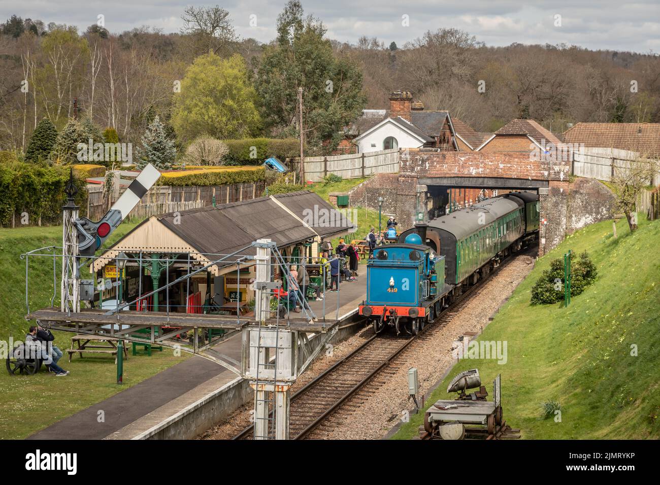 Caledonian Railway '439' class 0-4-4T No. 419 arrives at Groombridge station on the Spa Valley Railway Stock Photo