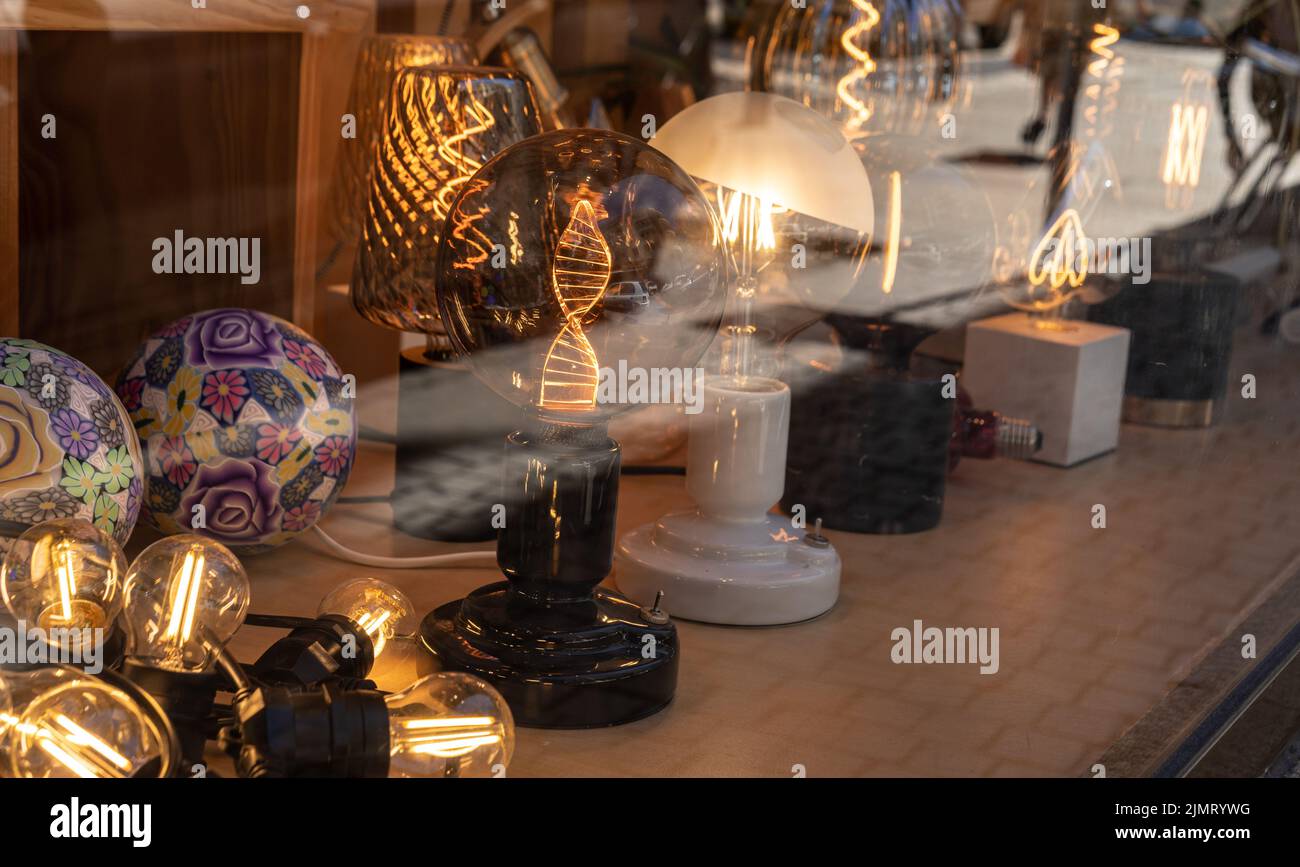 LED modern lights and bulbs on display in store lighting department