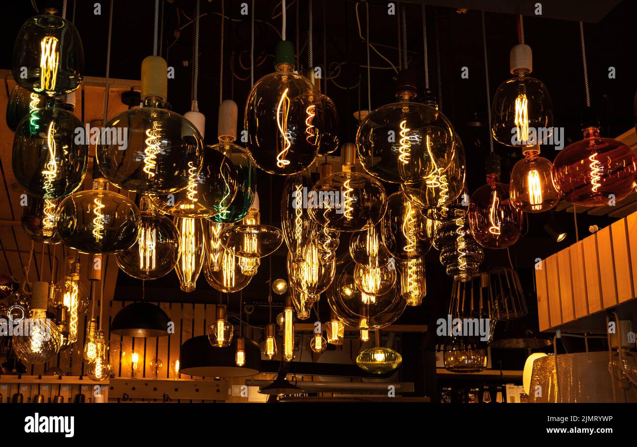LED modern lights and bulbs on display in store lighting department