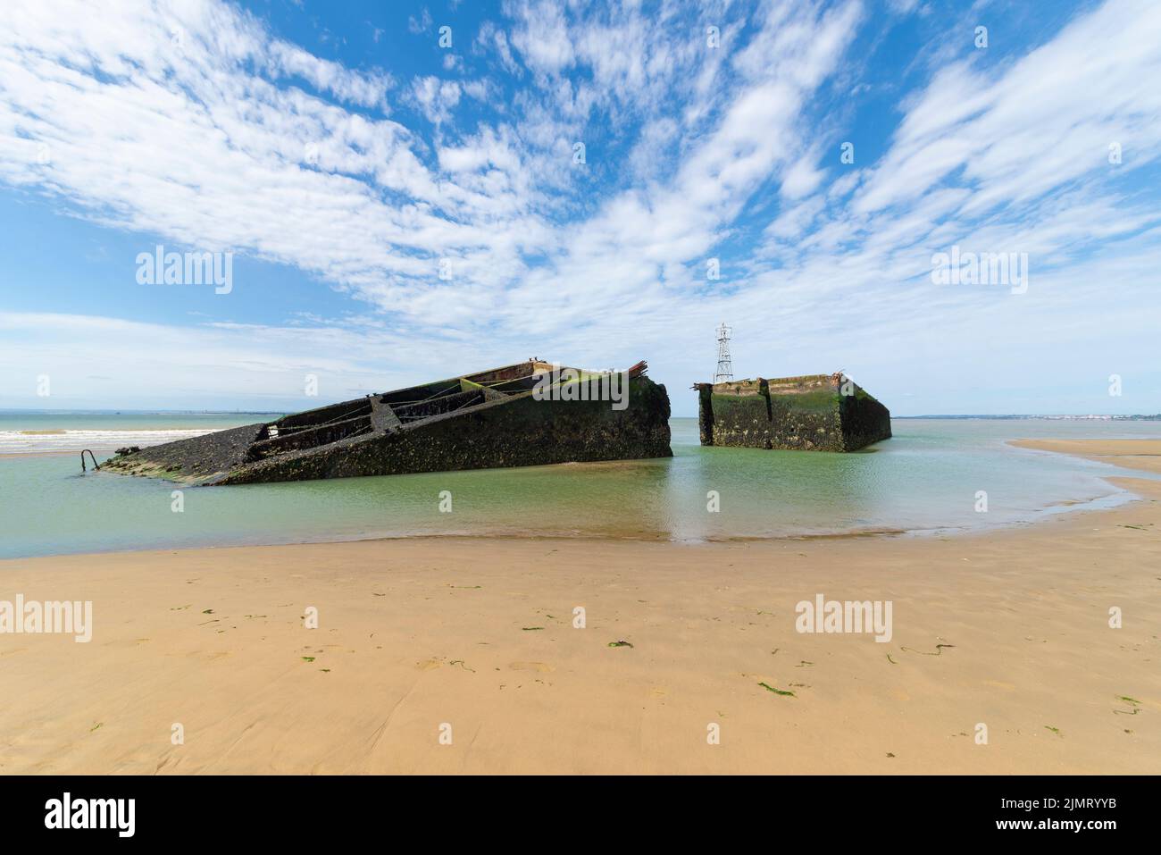 D-Day section of Mulberry Harbour or Harbor grounded in the Thames Estuary near Southend on Sea, Essex. Second World War historic relic on sandbank Stock Photo