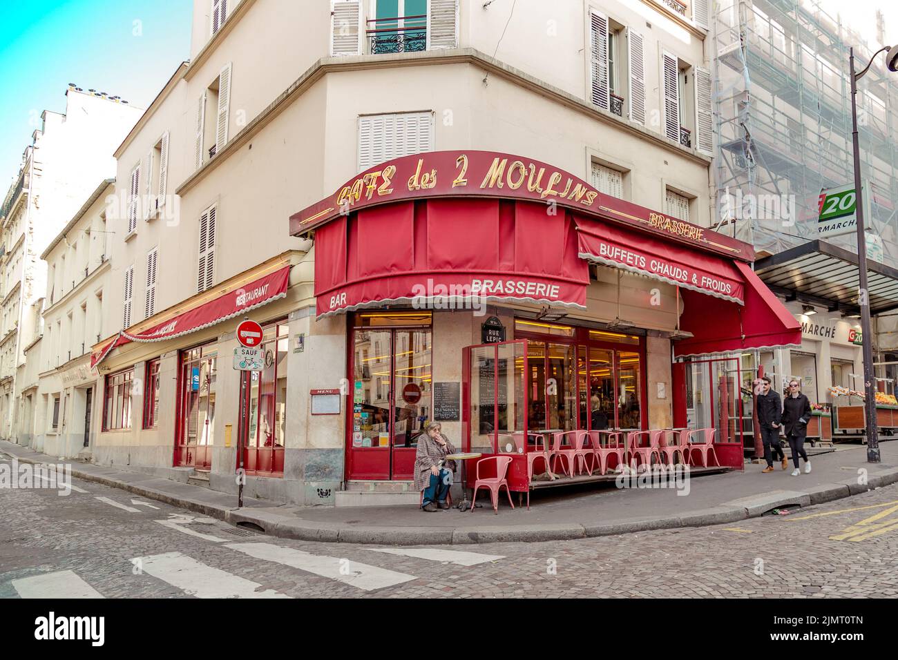 Paris, France, March 26, 2017: The Cafe des 2 Moulins French for Two Windmills is a cafe in the Montmartre Stock Photo