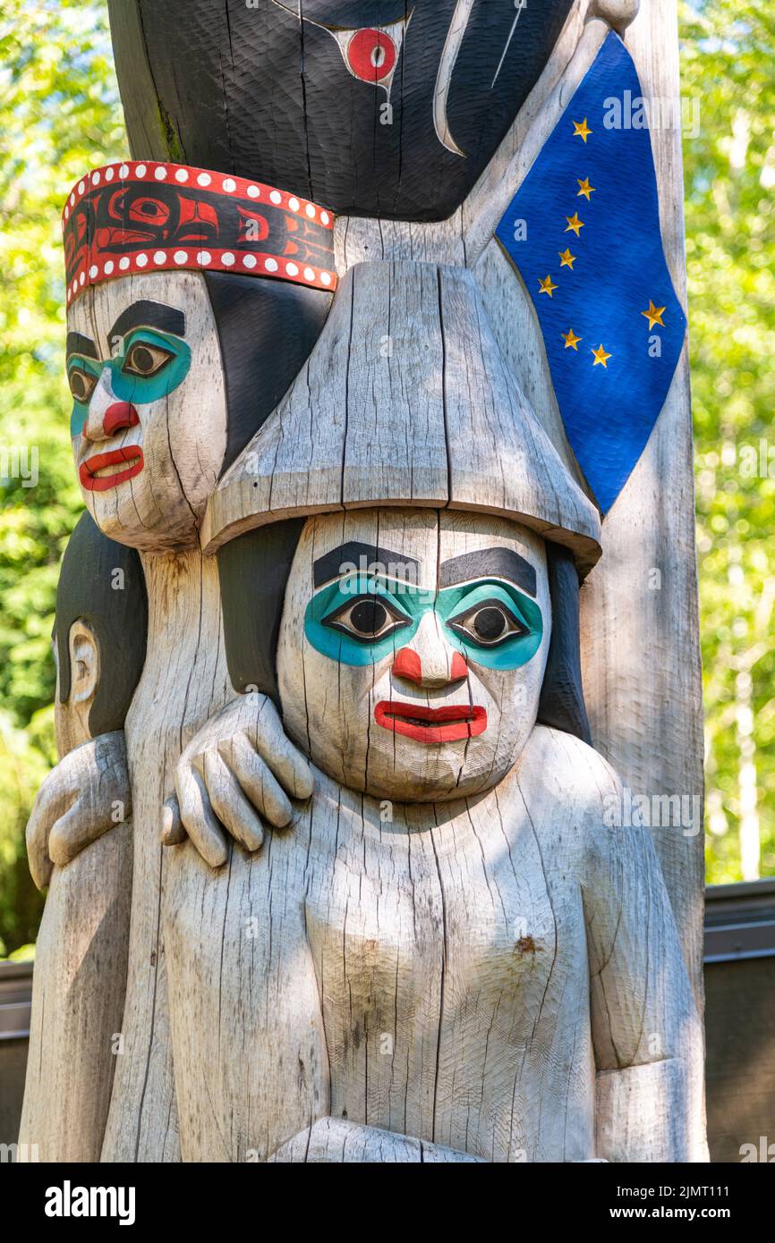 Detail of the Native Alaskan totem pole called Honoring Those Who Give Pole, outside the Totem Heritage Center in Ketchikan, Alaska. Stock Photo