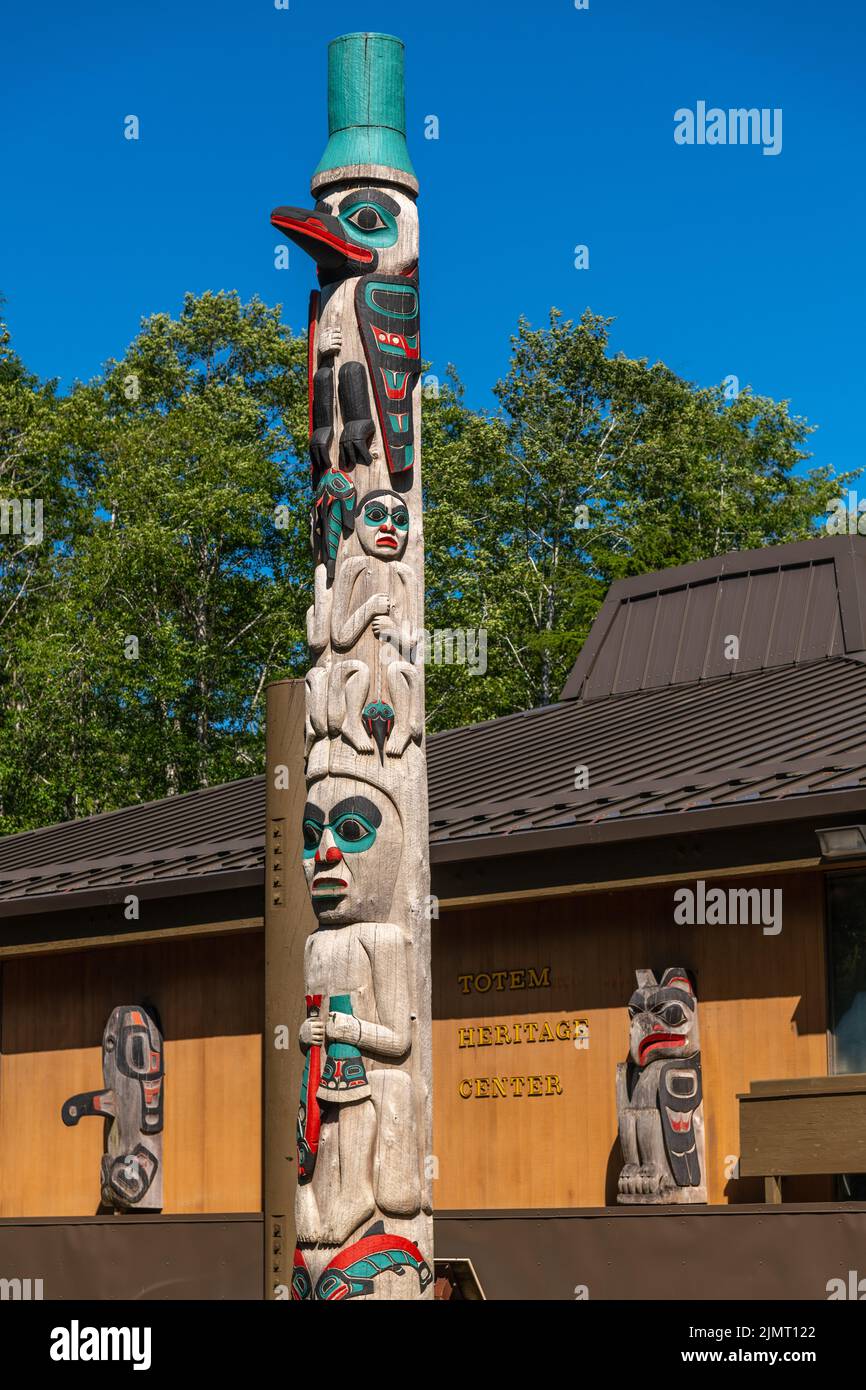 Detail of the Native Alaskan totem pole called The Fog Woman Pole, outside the Totem Heritage Center in Ketchikan, Alaska. Stock Photo