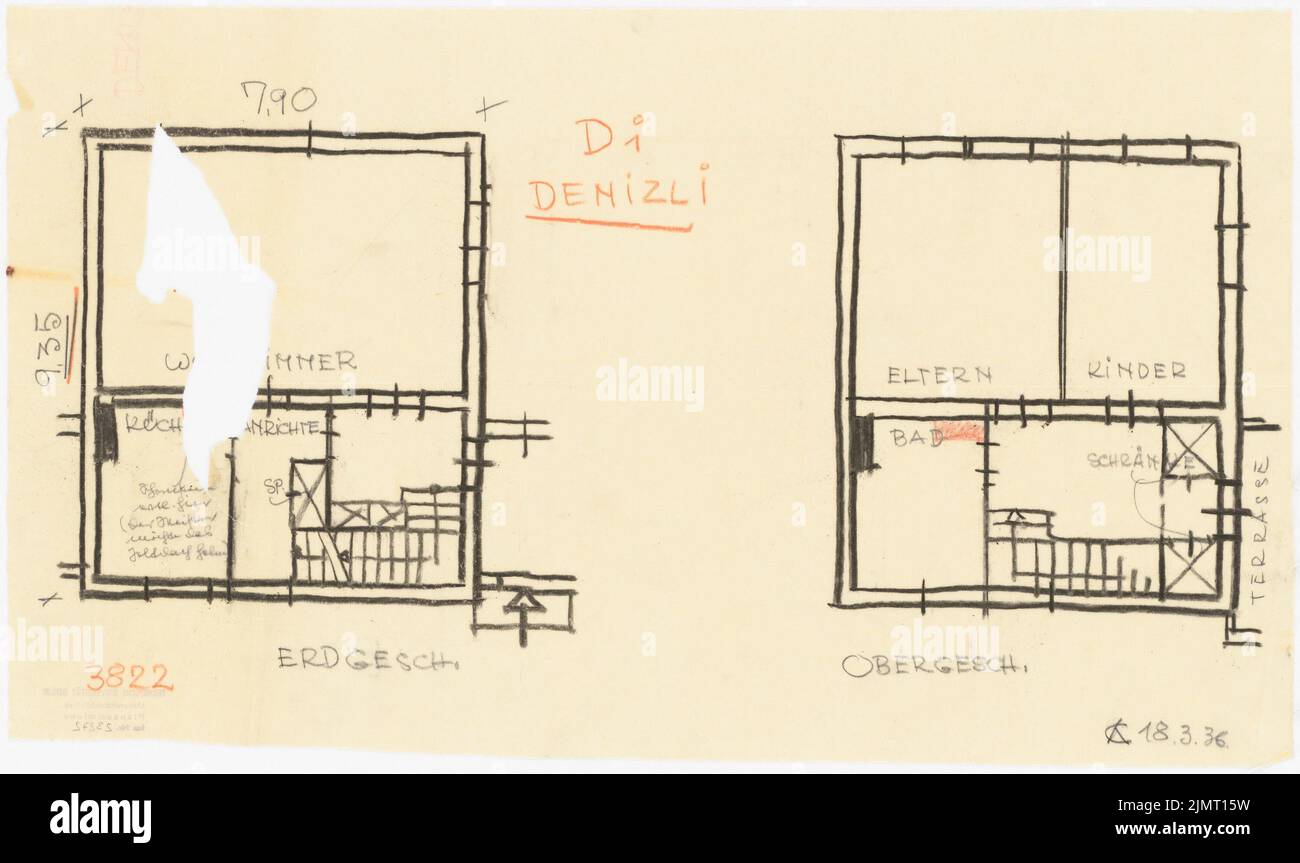 Jansen Hermann (1869-1945), total development plan Ankara. Ankara Cooperifi. House types (March 18, 1936): Type D1, Denizli, row house (chain house) 3 rooms, front view, floor plan ground floor and upper floor 1:50. Coal, pencil and colored pencil on transparent, 30.5 x 51.3 cm (including scan edges) Jansen Hermann  (1869-1945): Gesamtbebauungsplan Ankara. Ankara Kooperatifi. Haustypen Stock Photo