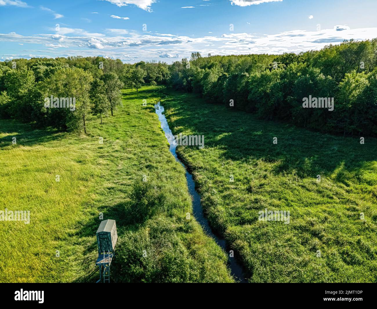 A view of a natural stream and meadow in a wisconsin forest where a hunting stand overlooks Stock Photo