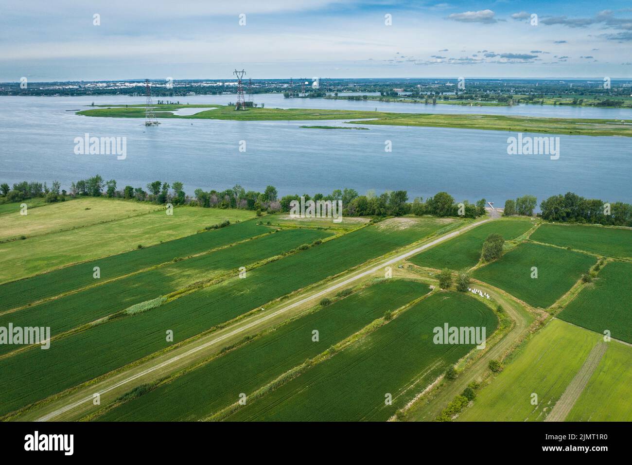 Aerial view of agricultural fields in the St. Lawrence  Valley, Quebec, Canada Stock Photo