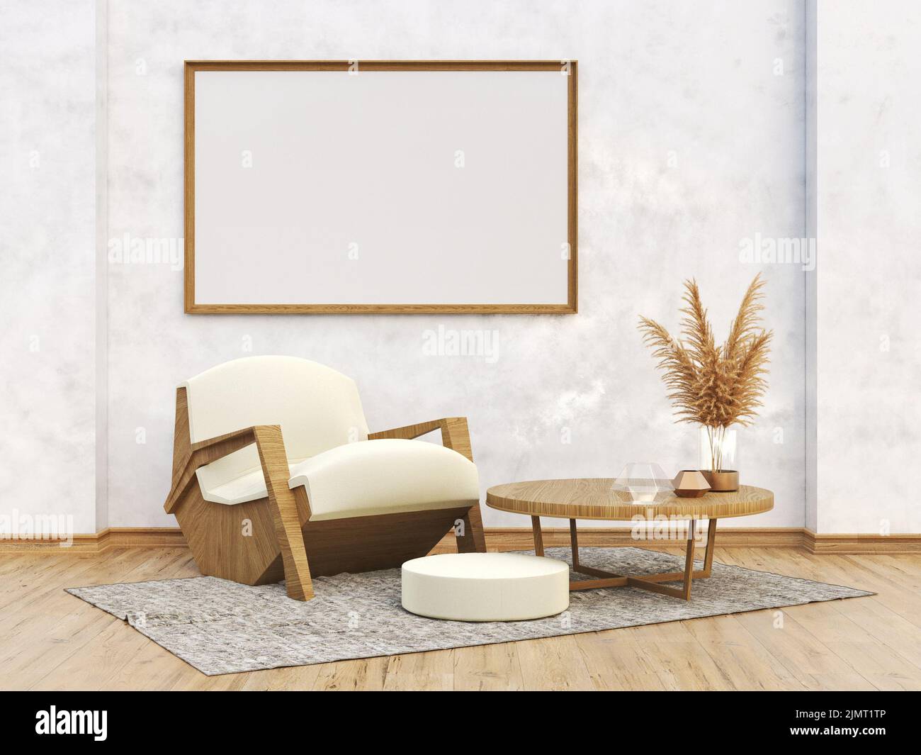 Mock up poster frame with big wooden armchair in modern interior background 3D Stock Photo