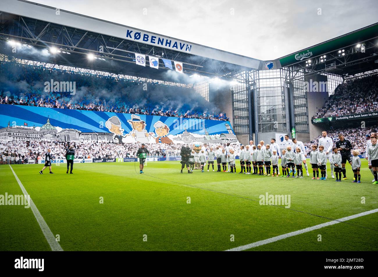 Copenhagen, Denmark. 07th Aug, 2022. Football fans of FC Copenhagen welcome the player with a huge fan tifo behind the goal before the 3F Superliga match between FC Copenhagen and Broendby IF at Parken in Copenhagen. (Photo Credit: Gonzales Photo/Alamy Live News Stock Photo