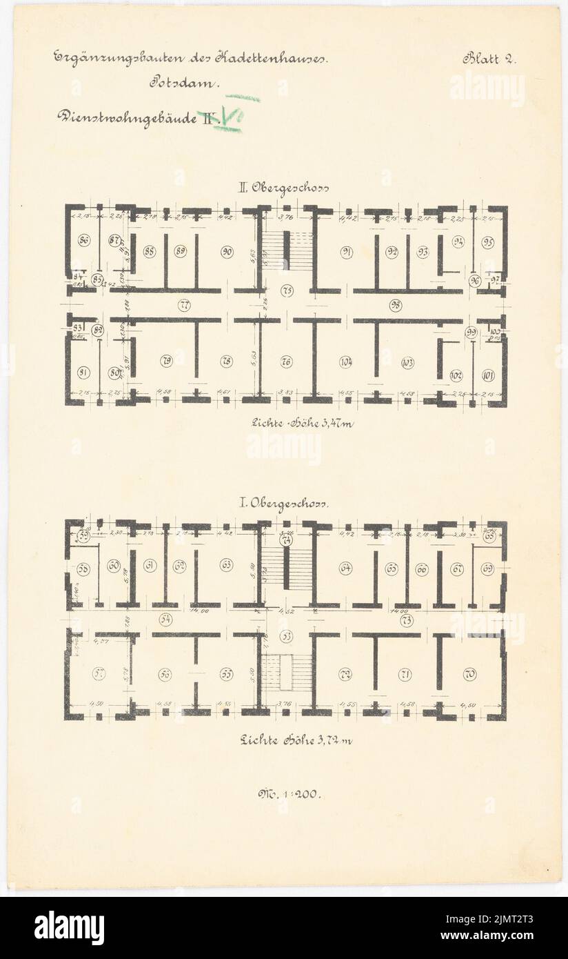 Unknown architect, Kadettenhaus of the Garrison Potsdam. Supplementary buildings (1912-1912): Duty residential building No. 6: Grundriss 1st and 2nd upper floor 1: 200. Lithograph on cardboard, 33.7 x 21.3 cm (including scan edges) N.N. : Kadettenhaus der Garnison Potsdam. Ergänzungsbauten Stock Photo