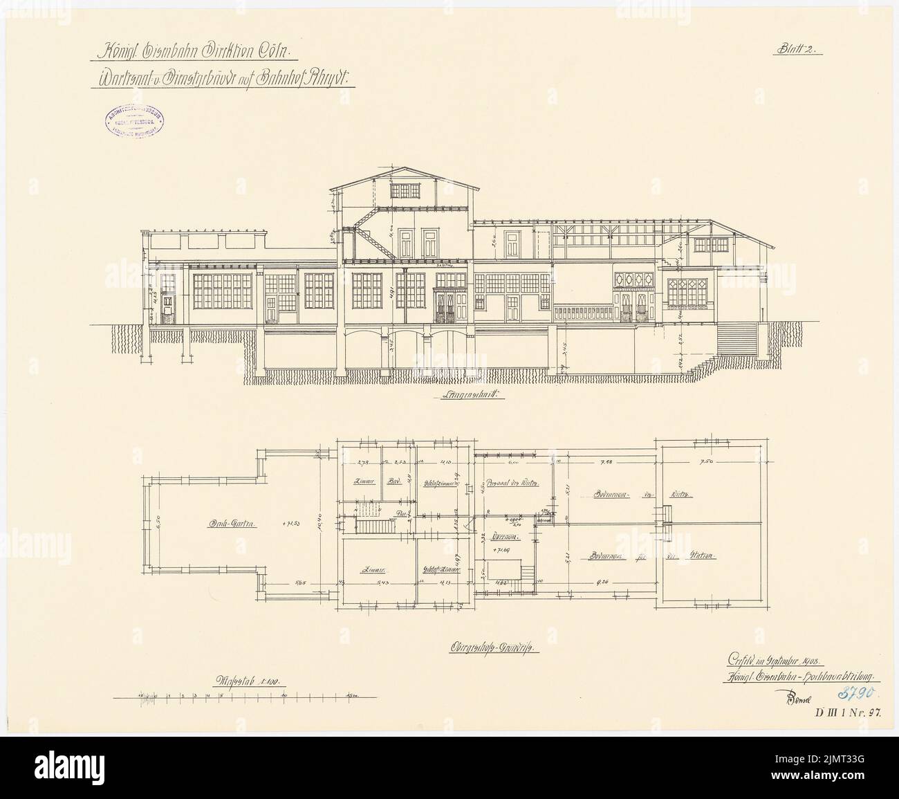 Unknown architect, station building in Rheydt. Reception building (approx. 09.1908): floor plan 1st floor, length cut, 1: 100. Lithograph on paper, 56.5 x 68.9 cm (including scan edges) N.N. : Bahnhofsgebäude, Rheydt. Empfangsgebäude Stock Photo