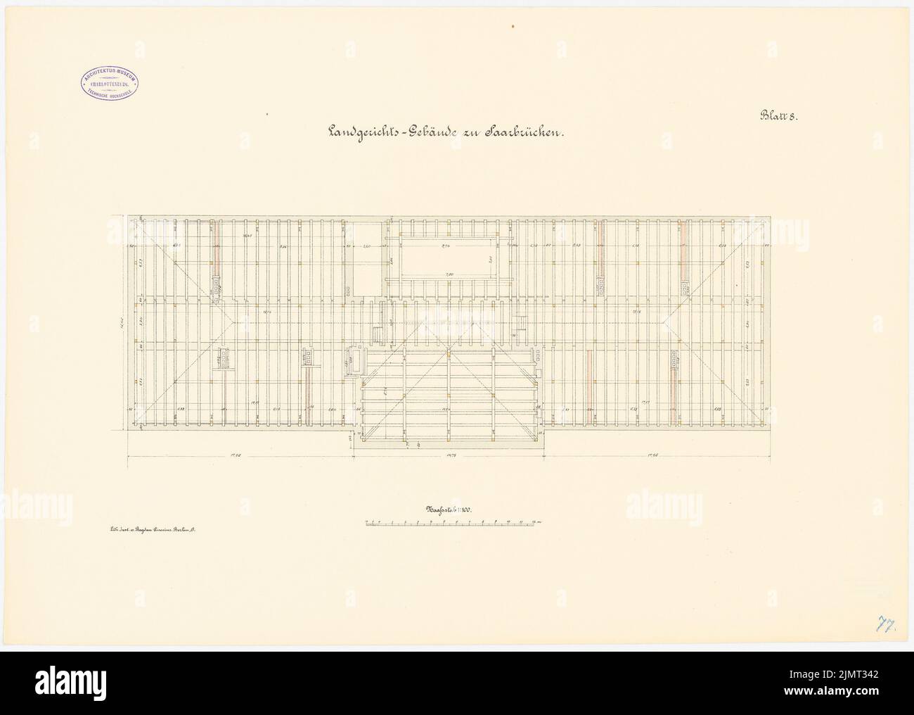 Unknown architect, district court, Saarbrücken (approx. 1886): rafters 1: 100. Lithograph colored on paper, 51 x 71.5 cm (including scan edges) N.N. : Landgericht, Saarbrücken Stock Photo