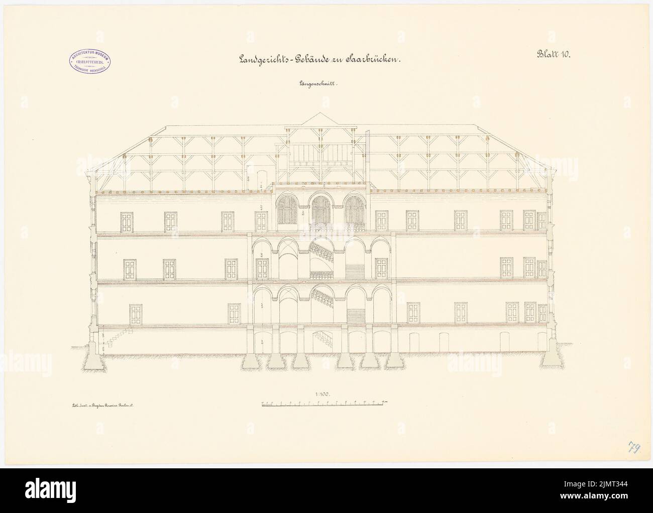 Unknown architect, district court, Saarbrücken (approx. 1886): Long -distance cut 1: 100. Lithograph colored on paper, 51.1 x 71.2 cm (including scan edges) N.N. : Landgericht, Saarbrücken Stock Photo