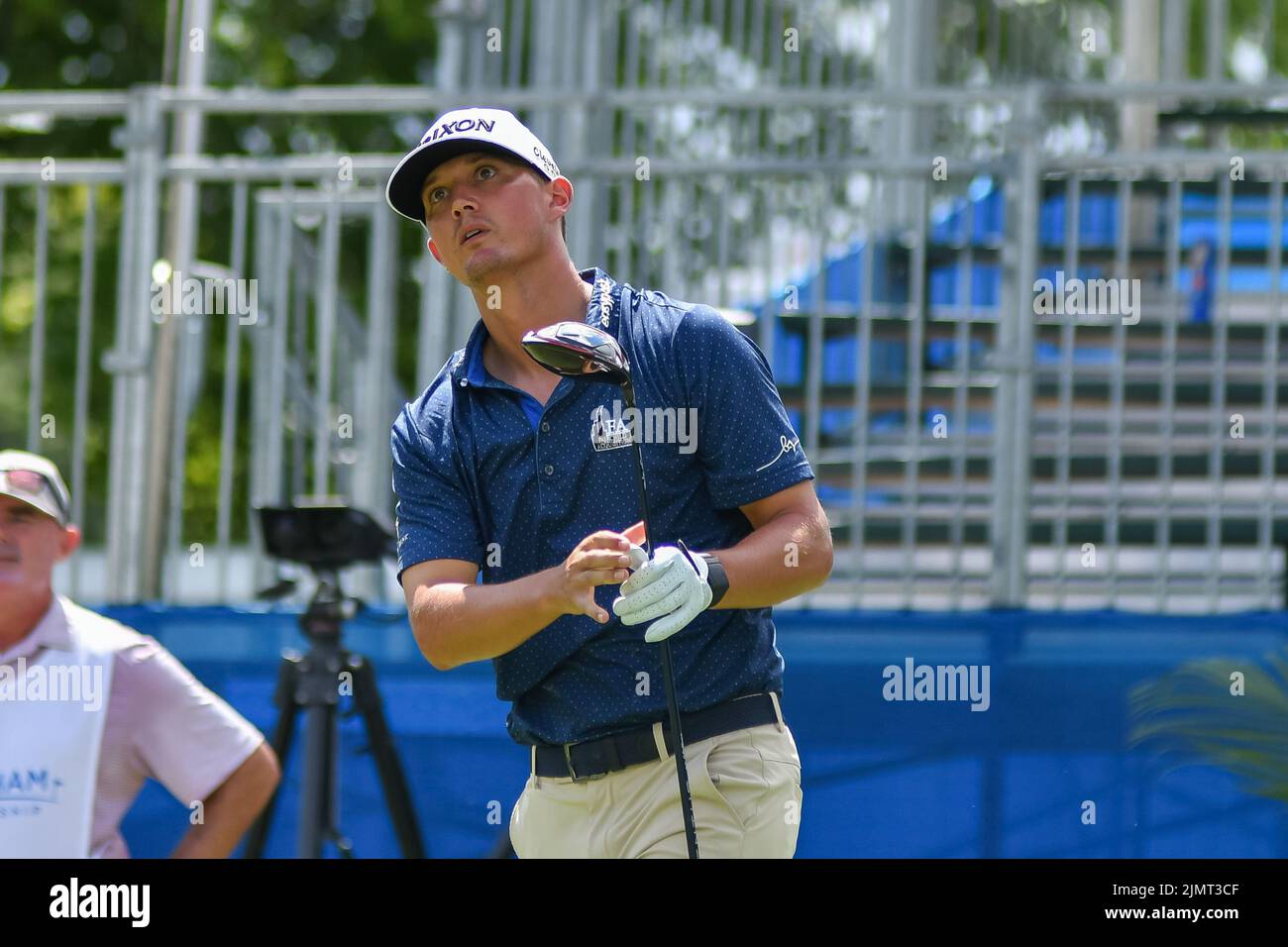 August 7, 2022 Max McGreevy watches his drive on the tenth hole during the final round of the Wyndham Championship at Sedgefield Country Club in Greensboro, North Carolina