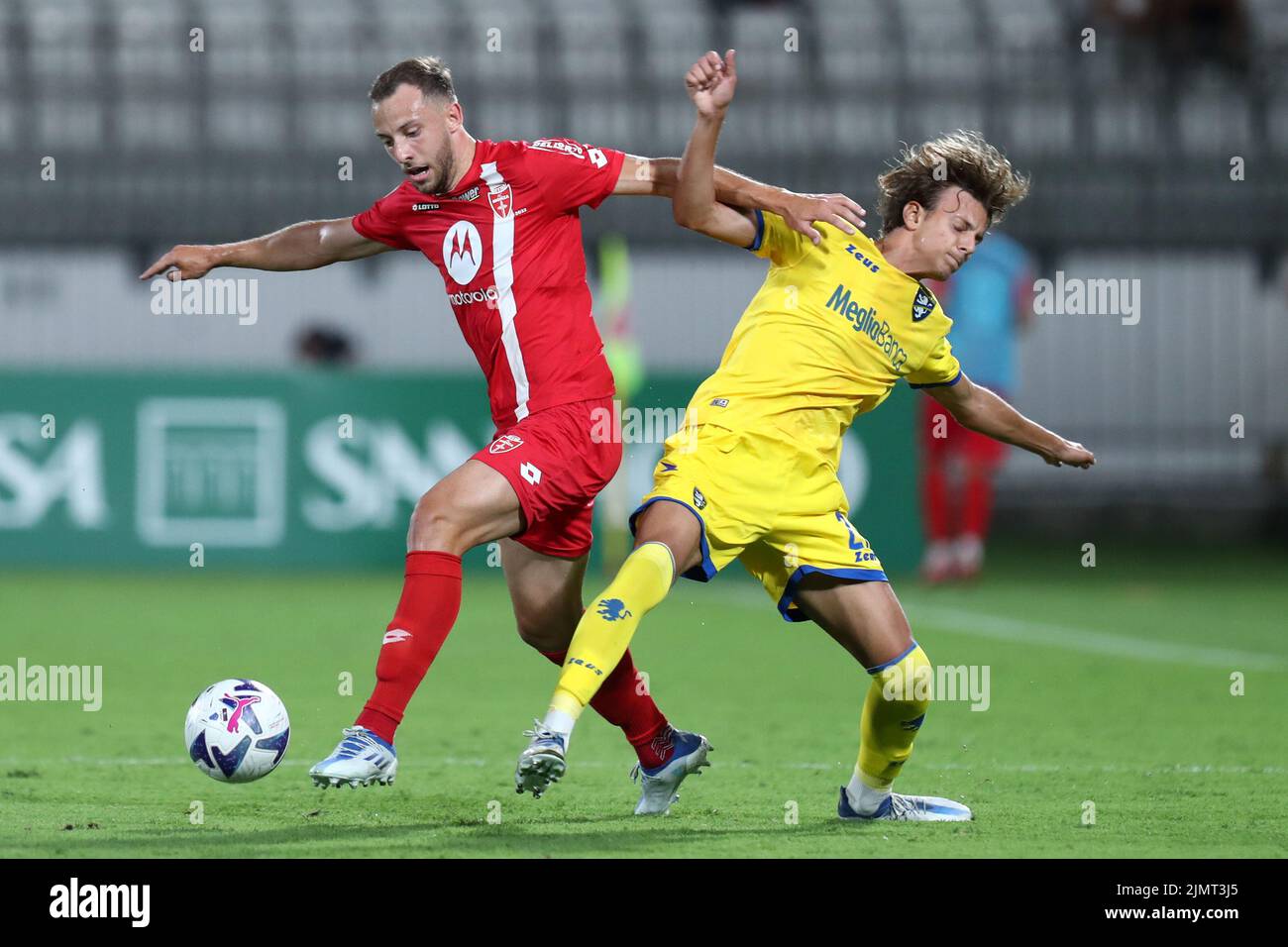 Monza, Italy. 07th Aug, 2022. Carlos Augusto of Ac Monza and Riccardo Ciervo of Frosinone Calcio battle for the ball during the Coppa Italia match beetween Ac Monza and Frosinone Calcio at U-Power Stadium on August 7, 2022 in Monza, Italy . Credit: Marco Canoniero/Alamy Live News Stock Photo