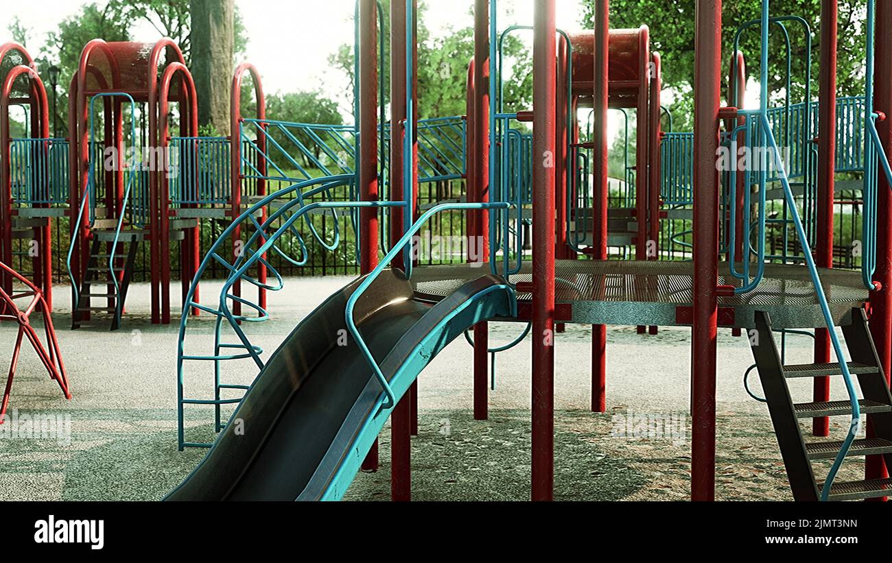 Empty swings on summer kids playground Stock Photo