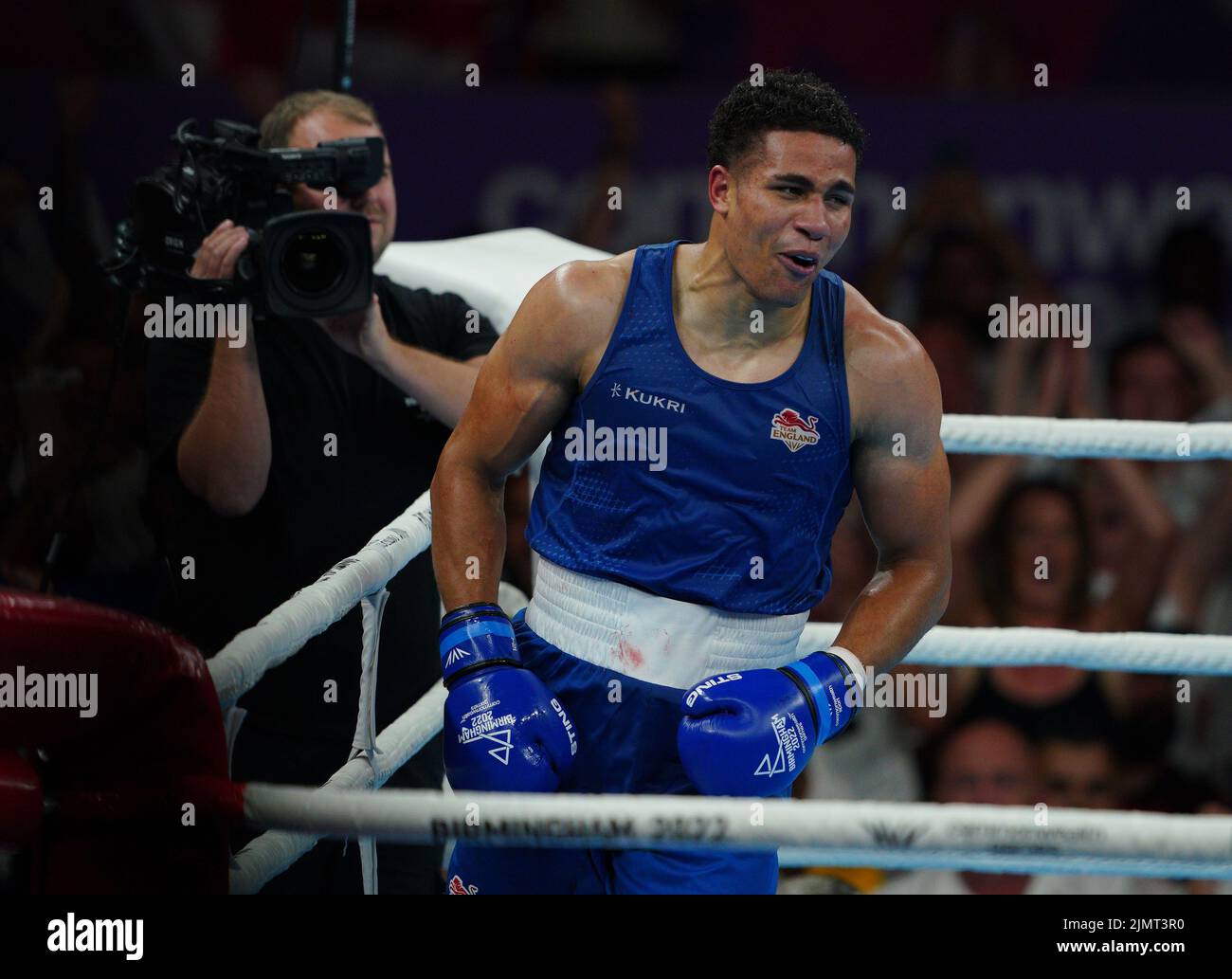 England's Delicious Orie reacts during the Men's Super Heavy (+92kg) Final against India's Sagar Sagar at The NEC on day ten of the 2022 Commonwealth Games in Birmingham. Picture date: Sunday August 7, 2022. Stock Photo