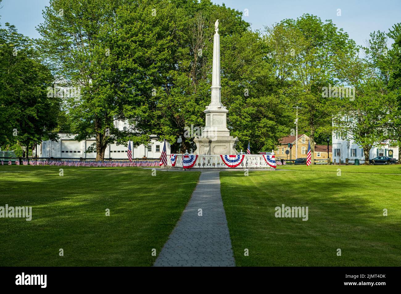 American flags decorate the Civil War Monument on the Barre, MA Town