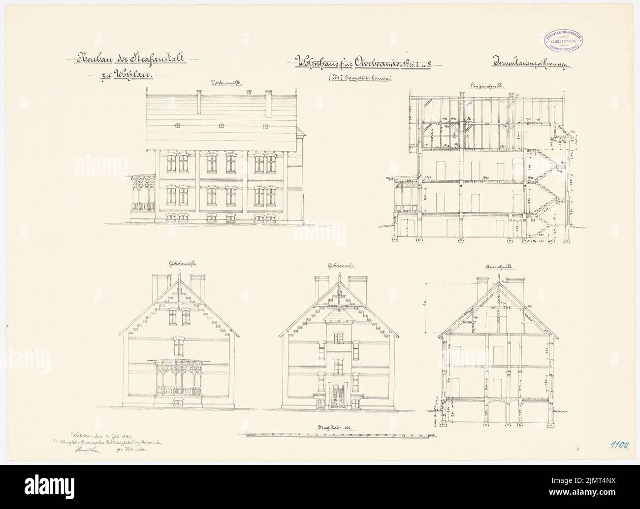 Unknown architect, prison in Wohlau (1895): Residential buildings No. 6 and 8 for two senior officials: Riss front view, gable views, longitudinal section, cross section 1: 100. Lithography on cardboard, 54 x 74.3 cm (including scan edges) N.N. : Gefängnis, Wohlau Stock Photo