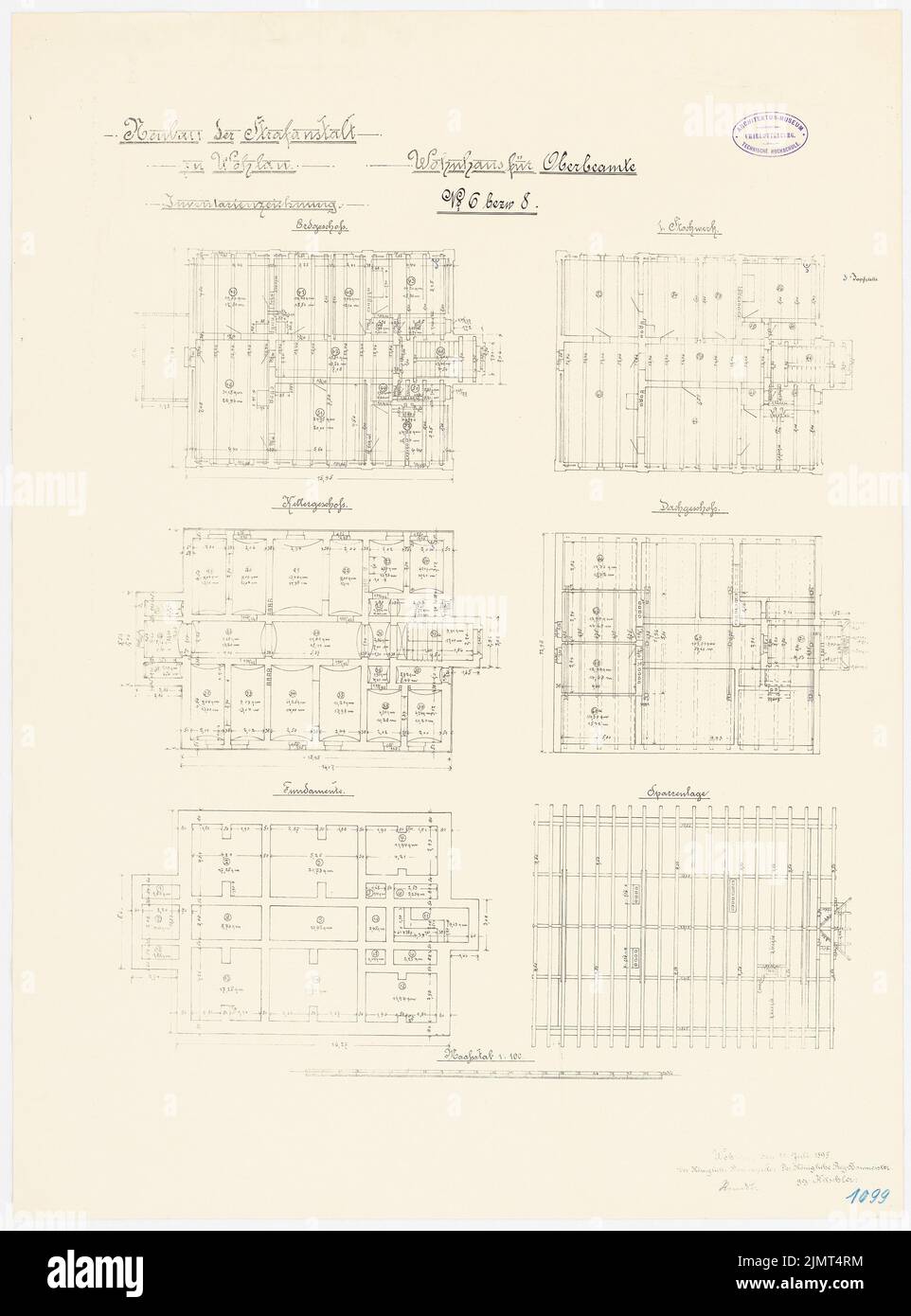 Unknown architect, prison in Wohlau (1895): Residential buildings No. 6 and 8 for two senior officials: floor plan foundations, basement, ground floor, upper floor, attic, rafters 1: 100. Lithograph on cardboard, 73.2 x 54.2 cm (including scan edges) N.N. : Gefängnis, Wohlau Stock Photo