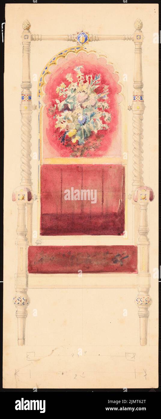 Diebitsch Carl von (1819-1869), chair (without date): View of a red chair with armrests, size information. Pencil watercolor on the box, 45.4 x 18.7 cm (including scan edges) Diebitsch Carl von  (1819-1869): Stuhl Stock Photo