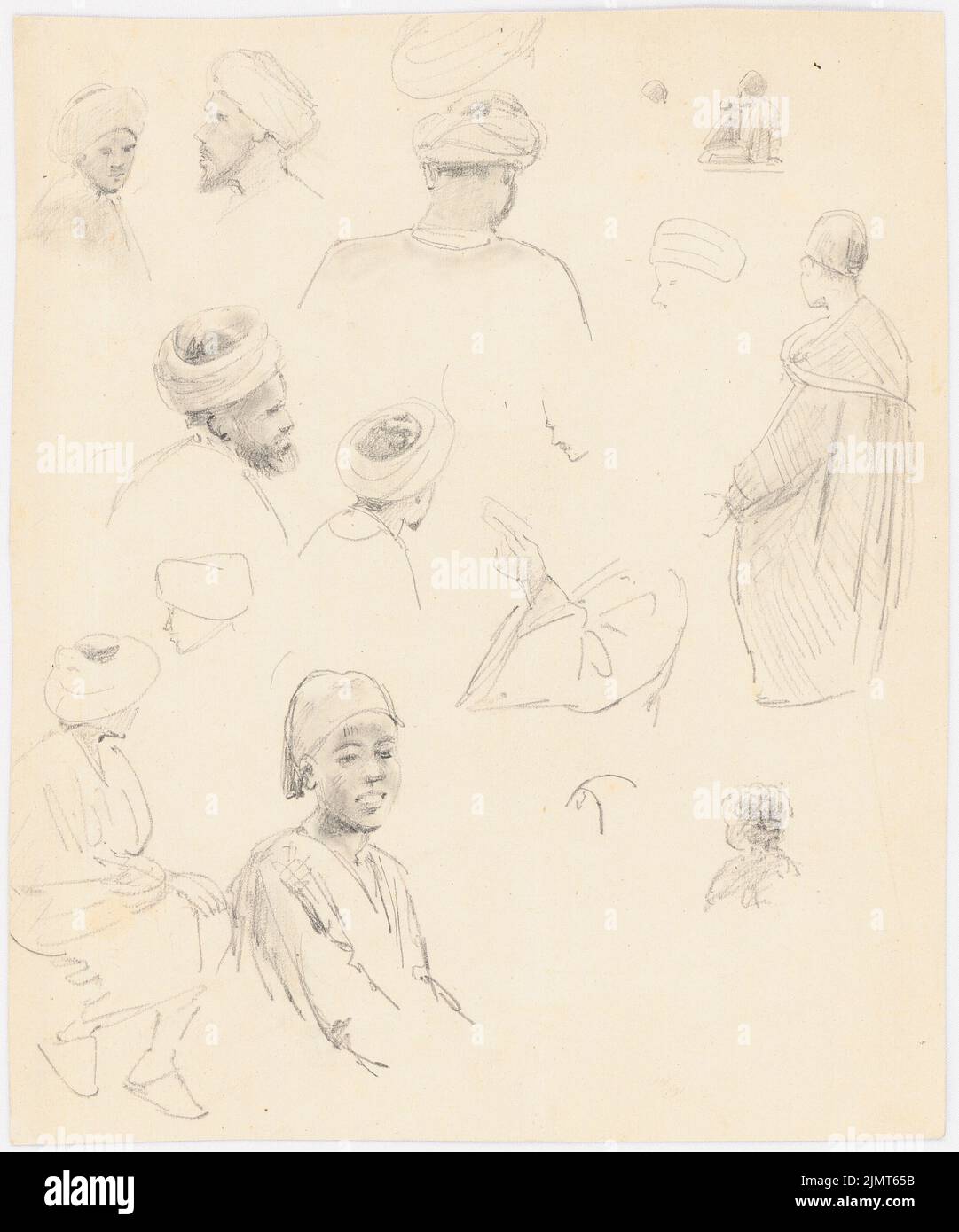 Diebitsch Carl von (1819-1869), people in the Orient, Cairo. (?) (Without Dat.): Head and body studies. Pencil on cardboard, 29.6 x 24.6 cm (including scan edges) Diebitsch Carl von  (1819-1869): Menschen im Orient Stock Photo