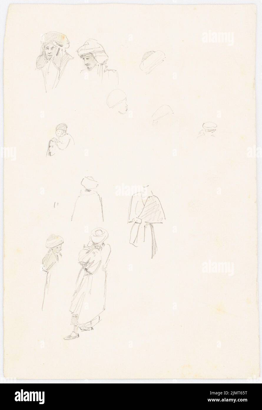 Diebitsch Carl von (1819-1869), people in the Orient, Cairo (without dat.): Head and body studies. Pencil on cardboard, 23.1 x 15.8 cm (including scan edges) Diebitsch Carl von  (1819-1869): Menschen im Orient Stock Photo