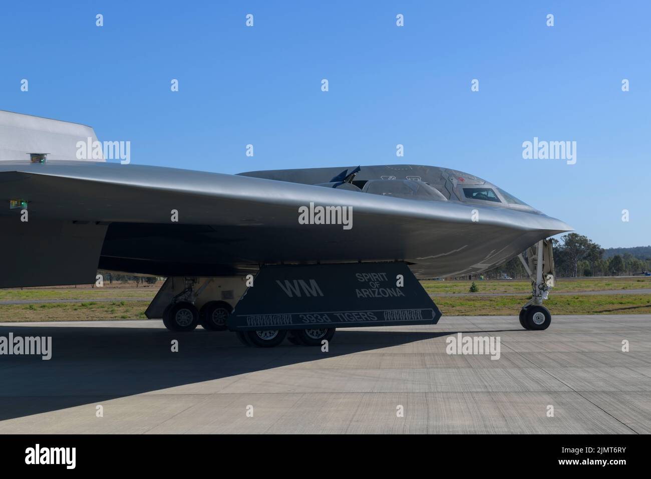 A U.S. Air Force B-2 Spirit taxis during a Bomber Task Force mission at Royal Australian Air Force Base Amberley, Australia, July 26, 2022. U.S Indo-Pacific Command routinely and visibly demonstrates our commitment to Allies and partners through the employment of military forces, demonstrating strategic predictability while becoming more operationally unpredictable to adversaries. (U.S. Air Force photo by Tech. Sgt. Dylan Nuckolls) Stock Photo