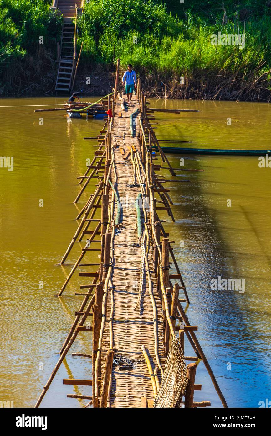 Bamboo Bridge Gate over Mekong River in Luang Prabang Laos Stock Photo