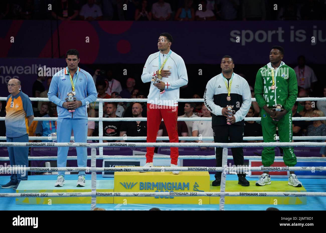 England's Delicious Orie (centre) with his gold medal for the Men's Super Heavy (+92kg) Final alongside India's Sagar Sagar (left) who finished second to take silver, and New Zealand's Leuila Mau'u and Nigeria's Ifeanyi Onyekwere, who both took bronze at The NEC on day ten of the 2022 Commonwealth Games in Birmingham. Picture date: Sunday August 7, 2022. Stock Photo